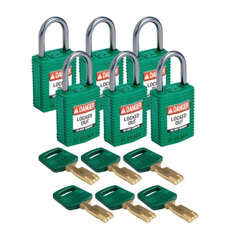 BRADY Compact SafeKey Key Retaining Nylon Padlock 1 in Aluminum Shackle KD Green 6PK CPT-GRN-25AL-KD6PK